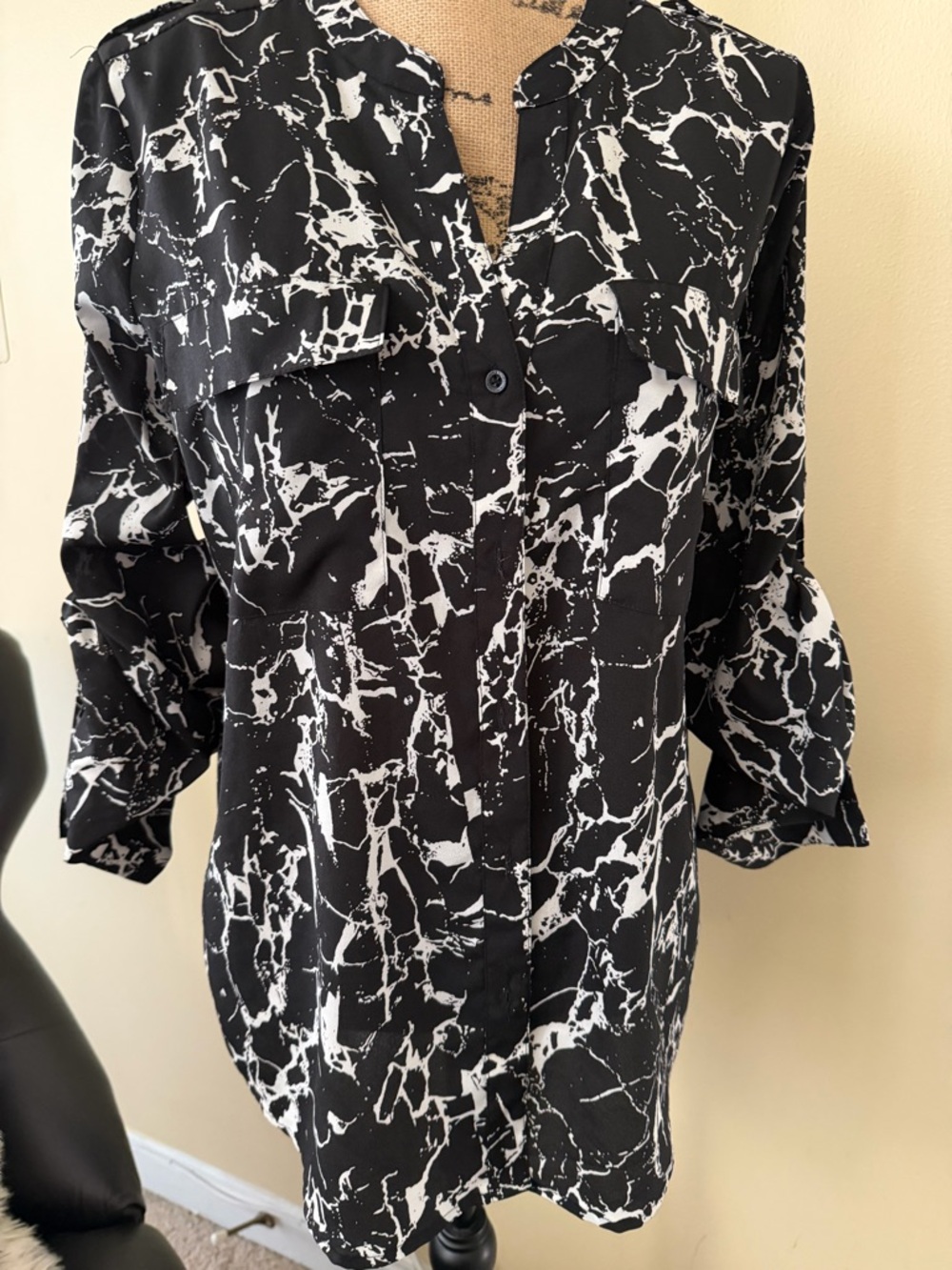 Calvin Klein Black and White Marble Print Button Down Blouse